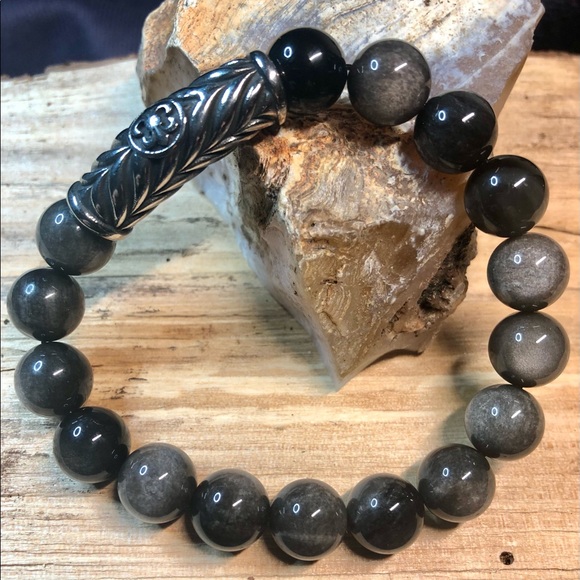 Hand Crafted Other - Hand Crafted Unisex Fleur de Lis Silver Obsidian Bracelet